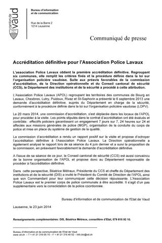 communique de presse du bureau d information et de communication du canton de vaud accreditation apol 23 06