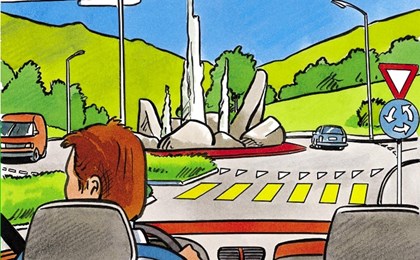 Carrefours à sens giratoire - Indiquer ses intentions - Conseils - Avant d'entrer dans un carrefour à sens giratoire, le/la conducteur.trice doit ralentir et accorder la priorité aux véhicules qui, sur sa gauche, surviennent dans le giratoire. Dans le giratoire, seuls les changements de voie de circulation, ainsi que le fait de quitter le giratoire doivent être indiqués.
